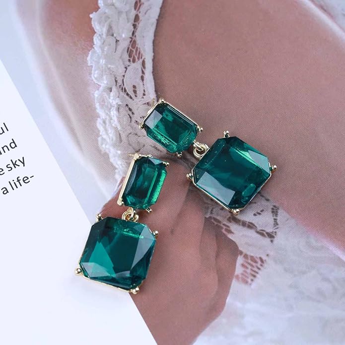 Vintage Emerald Square Earrings Green Emerald Drop Earrings