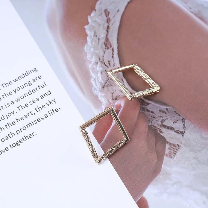 Vintage Hammered Square Drop Earrings Gold Hollow Square