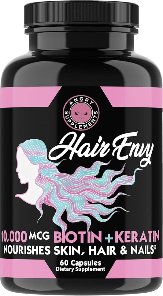 Angry Supplements Hair Envy 10,000 mcg Biotin + Keratin Capsules, Grow Hydrate Hair, Strengthen Thicken Nails, Clear Skin – Natural Remedy for Damaged Thinning Hair, (1-Bottle, 60ct)