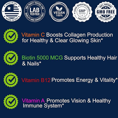 Hair Skin and Nails Gummies - Supports Healthy Hair, for Men & Women, Vegan Biotin Vitamins, Hair Growth, Stronger Nails, Healthy Skin, Made in USA, 60 Count