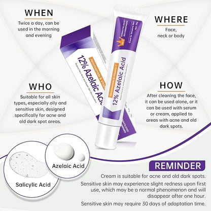 Azelaic Acid 12% Cream For Face, Azelaic Acid Acne Cream For Rosacea Treatment, Redness Relief, 2PCS Azelaic Acid Serum With Salicylic Acid & Niacinamide For Dark Spot, Skin Care.