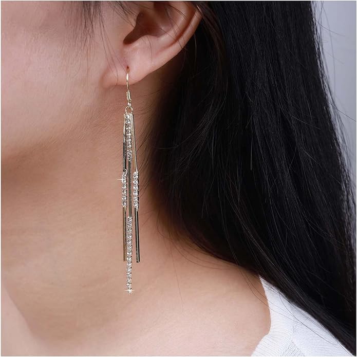 Vintage Crystal Tassel Earrings Rhinestone Bar Drop Earrings