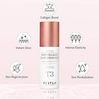 PESTLO T3 Baby Collagen Glow Serum Mist Spray for Korean Glass Skin with Vegan Collagen and Elastic Glow-Boosting Ingredients, 1.69 Fl Oz (50ml)