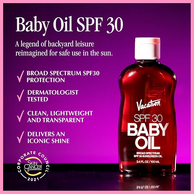 Vacation Baby Oil SPF 30 + Air Freshener Bundle, Broad Spectrum SPF 30 Sunscreen Oil, Vegan Suntan Oil with Broad Spectrum SPF, Sunscreen Tanning Oil, TSA Friendly, Travel Size, 3.4 fl. oz.