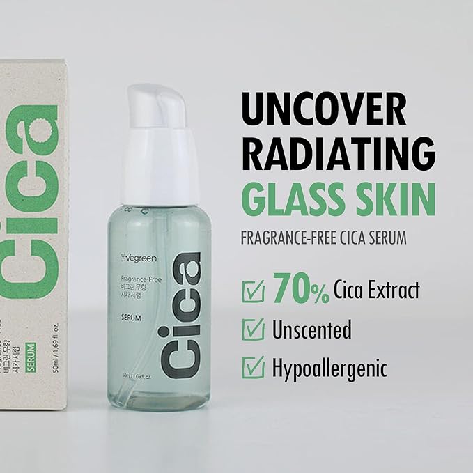 VEGREEN Fragrance-Free Cica Serum | Centella Asiatica Enriched Face Serum for Women & Men | Alcohol-Free Centella Unscented Serum Face Moisturizer | Hydrating Serum for All Skin Types 1.69 fl oz