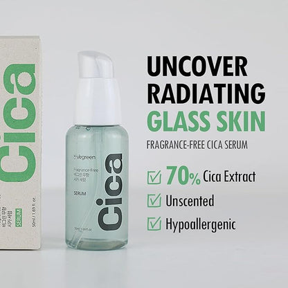 VEGREEN Fragrance-Free Cica Serum | Centella Asiatica Enriched Face Serum for Women & Men | Alcohol-Free Centella Unscented Serum Face Moisturizer | Hydrating Serum for All Skin Types 1.69 fl oz