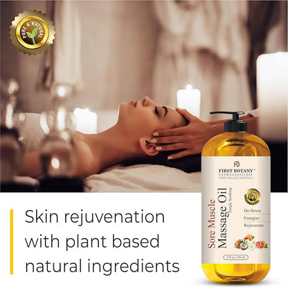 First Botany, Arnica Sore Muscle Massage Oil for Massage Therapy Natural Therapy Oil with Lavender, Mint, Chamomile Essential Oils, Collagen & Stem Cells, Therapeutic Oils for Body Massage Lotion 8oz