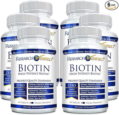 Research Verified Biotin – Pure Biotin Extra Strength 10,000mcg for Improved Hair, Skin and Nail Health - 360 Vegan Tablets