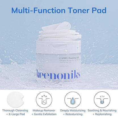 Dual Texture Cleansing Pads with Facial Essence 70ea Large Value Pack- Cabbage & Moringa Wipes for Quick Cleansing, Makeup Remover, Mild Exfoliator | Korean Skincare - (9.29Oz)