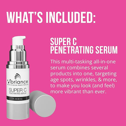Vibriance Premium Skincare Bundle | Super C All-in-One Serum, Face Cleanser, Moisturizing Cream, Sheer Zinc Sunscreen SPF 50, Age Defying Body Creme - Heal, Hydrate, Protect, Rejuvenate