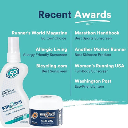 KINeSYS Fragrance Free Clear Spray Sunscreen for sensitive skin, SPF 50, Hypoallergenic, Broad Spectrum UVA/UVB protection Face & Body; PABA and Oxybenzone FREE, 170+ Sprays, 1 Fl Oz/30 ml (Pack of 2)