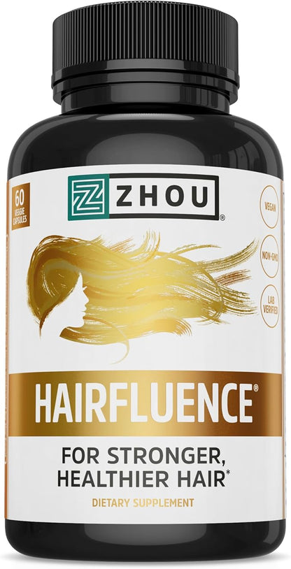 Zhou Hairfluence - Vegan Biotin Supplement for Hair Growth for Men & Women, Supports Stronger, Healthier Hair, Nails, & Glowing Skin with B Vitamin Complex - 60 Veggie Capsules (Pack of 1)