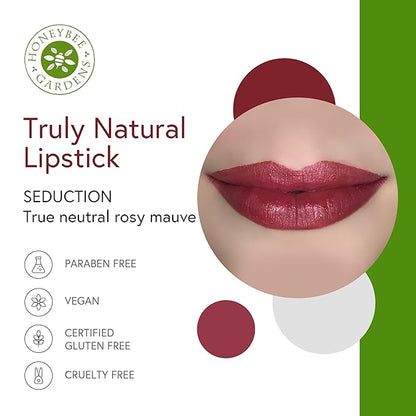 Honeybee Gardens Truly Natural Long Lasting Lipstick, Seduction, Neutral Rose Mauve, Naturally Hydrating & Nourishing, Vegan, Gluten-Free & Cruelty-Free, 0.13 oz / 3.8 g
