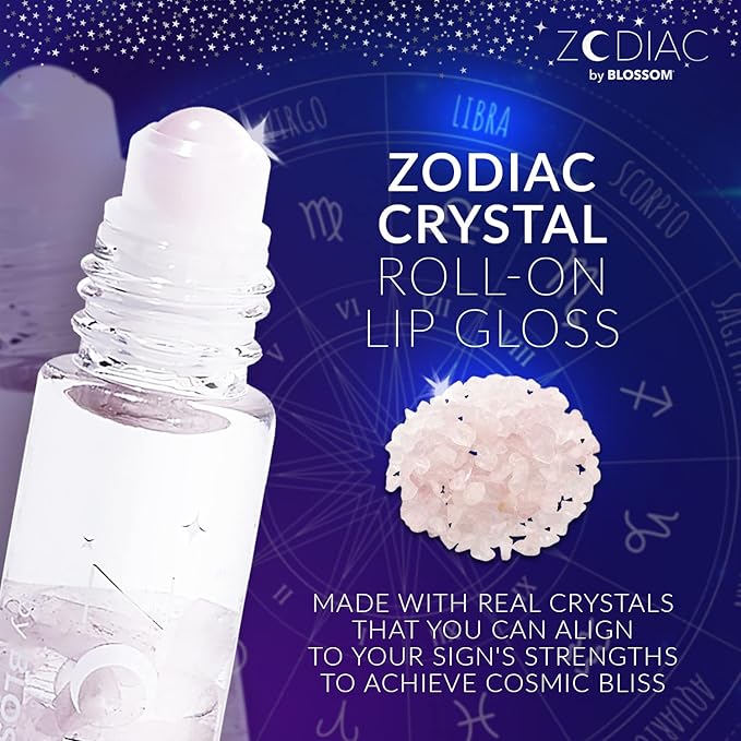 Blossom Zodiac Sign Vanilla Scented Moisturizing Roll-On Lip Gloss with Crystals, Made in USA, 0.20 fl. oz./5.9ml, Libra