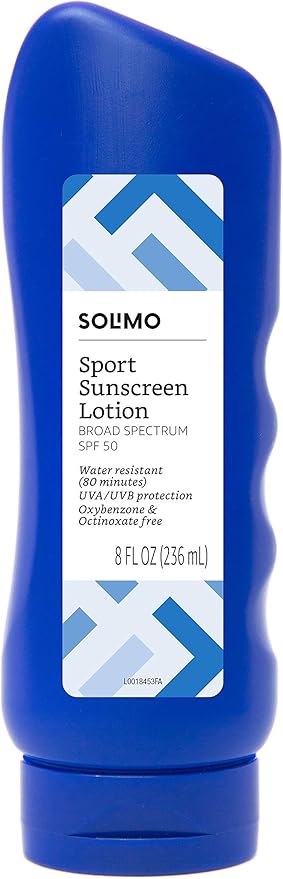 Amazon Brand - Solimo Sport Sunscreen Lotion, SPF 50, Formulated without Octinoxate & Oxybenzone, Broad Spectrum UVA/UVB Protection, 8 fl oz (Pack of 1)