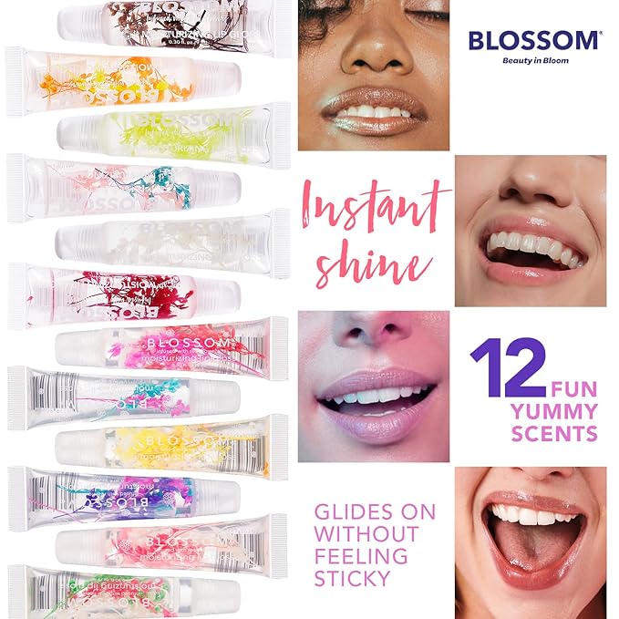 Blossom Moisturizing Lip Gloss Tubes, Roll on Perfume Oil, Natural Essential Oils, Scented Color Change Lip Balm with Real Flowers, 0.7 fl. oz/15mL, 3 Pack Gift Set, Cherry/Honey Jasmine/Turquoise
