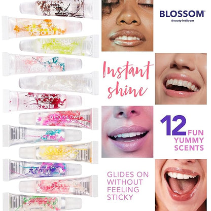 Blossom Moisturizing Lip Gloss Tubes, Roll on Perfume Oil, Natural Essential Oils, Scented Color Change Lip Balm with Real Flowers, 0.7 fl. oz/15mL, 3 Pack Gift Set, Cherry/Honey Jasmine/Turquoise