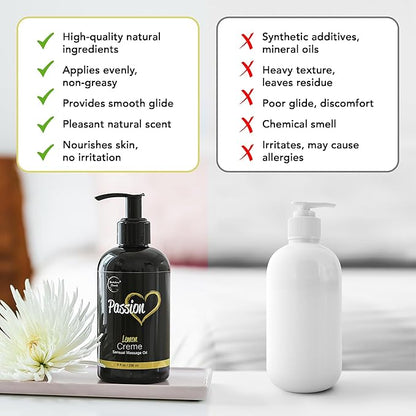 Passion Sensual Massage Oil for Date Night | 100% Natural Body Oil for Couples with Jojoba & Almond | Aromatherapy & Relaxing Massage Therapy | Perfect Glide & Smooth Skin | Lemon Crème Scent