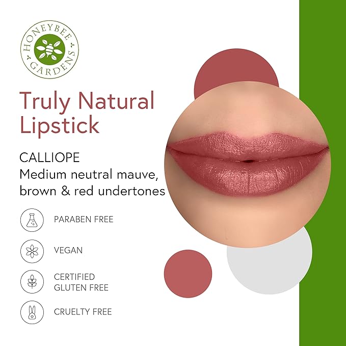 Honeybee Gardens Truly Natural Long Lasting Lipstick, Calliope, Medium Neutral Mauve, Naturally Hydrating & Nourishing, Vegan, Gluten-Free & Cruelty-Free, 0.13 oz / 3.8 g