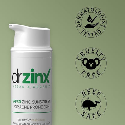 Dr ZinX Organic Sunscreen for Acne Prone Skin Fair Tint Zinc + Hinokitiol