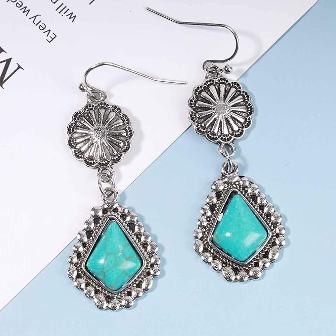 Boho Oval Turquoise Earrings Silver Circle Dangle Drop