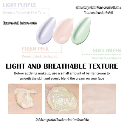 One Step Color Corrector,Color Correcting Foundation Facial Serum,Moisturizing Concealer Tri-Color Correcting Isolation Cream Face Makeup Primer Base