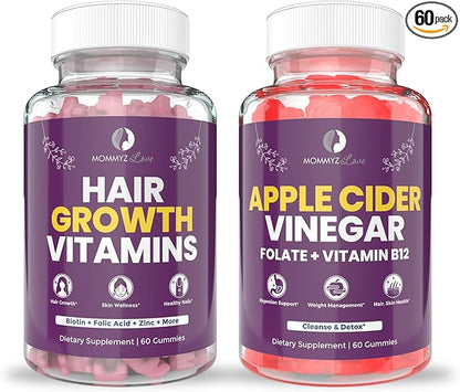 Postpartum Hair Growth Vitamins Plus Apple Cider Vinegar Gummies with Folate and Vitamin B12 - Nourishing Support for New Moms' Weight Management, Healthy Digestion