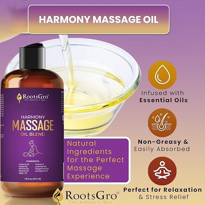Harmony Massage Oil - Hydrating Blend with Coconut, Jojoba, Almond, Argan Oil & Vitamin E - with Lavender, Peppermint & Eucalyptus - Ideal for Massage, Moisturizing & Relaxation - 16 Fl Oz