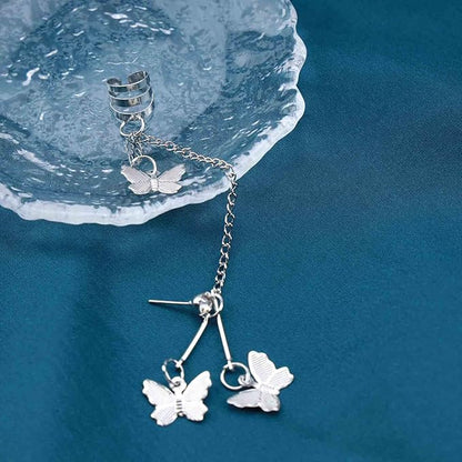 Silver Butterfly Chain Tassel Cuff Earrings