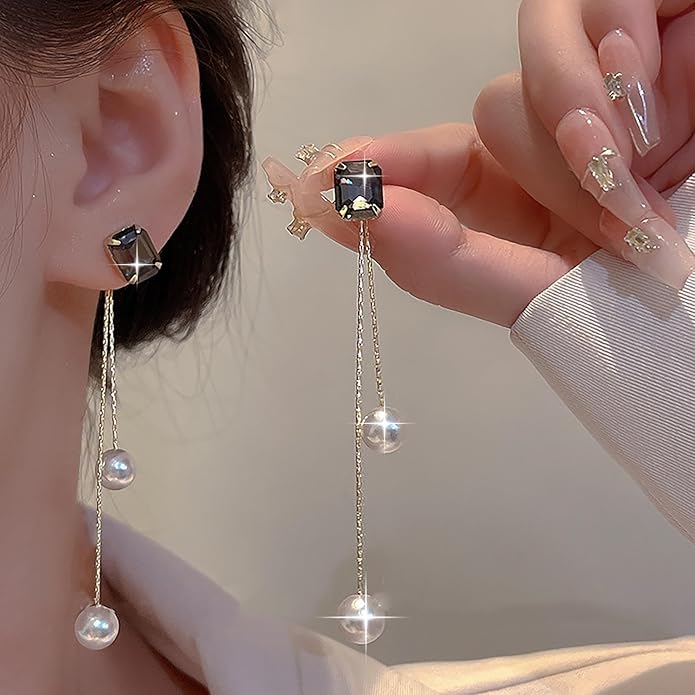 Vintage Black Crystal Pearl Drop Earrings