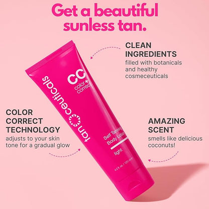 Tanceuticals CC Self Tanning Body Lotion - Light Self Tanner, Gradual Color Correcting & Natural Looking Sunless Tan – Quick Fake Tan, Bronze Glow - Fresh Coconut Scent and Healthy Ingredients
