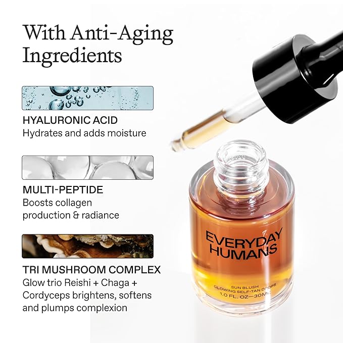 Sun Blush Glowing Self Tanning Drops Australian Made 1.0 fl.oz | Sun-Kissed, Natural Face & Body Gradual Self Tanner with Peptides | Fragrance Free | Everyday Humans