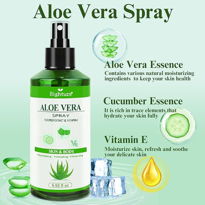 Aloe Vera Spray from Freshly Cut Pure Aloe, Aloe Vera Spray for Skin& Hair, Aloe Vera Spray for Sunburn Relief, 6.93oz, Absorbs Rapidly, Infused wirh Cucumber Essence