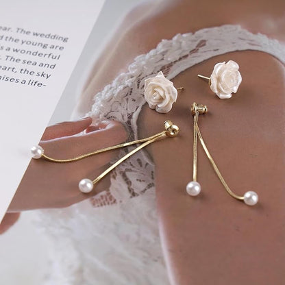 Vintage Flower Pearl Drop Earrings Long