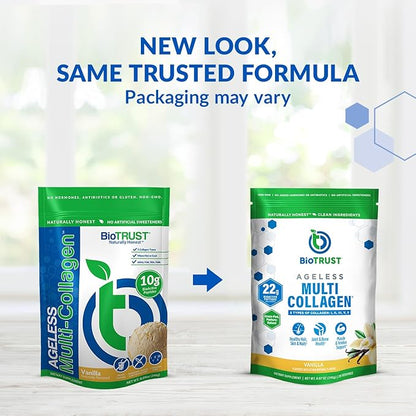 BioTrust Ageless Multi Collagen Peptides Powder – 5 Types (I, II, III, V, X) – Vanilla Collagen Powder for Women & Men – Hydrolyzed Protein – Grass Fed Beef, Fish, Chicken, Eggshell Membrane
