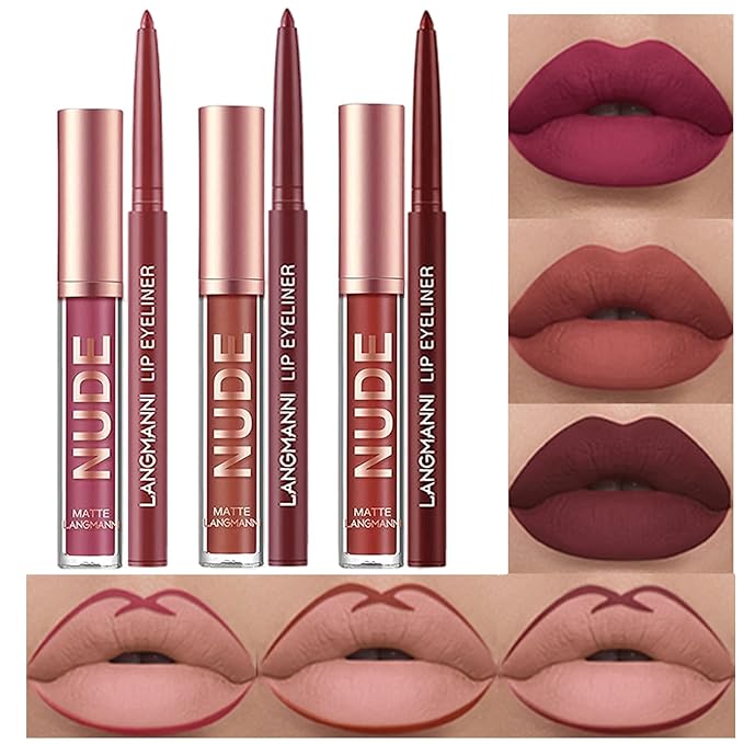 URQT 6pcs Lip Liner and Lipstick Makeup Set, 3 Velvety Matte Liquid Lipsticks + 3 Matching Smooth Lip Liner One Step Lips Makeup Kits Waterproof Long Lasting Matte Lipstick Gift Set (Set D, 6)