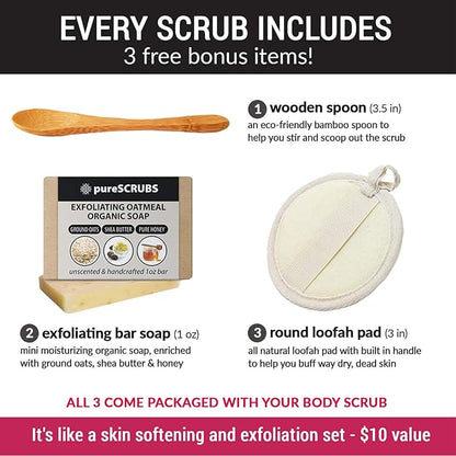 pureSCRUBS Premium Jasmine Body Scrub Set - Large 16oz Dead Sea Salt Body Scrub With Infused Essential Oils & Nutrients Includes Wooden Spoon, Loofah & Oatmeal Exfoliating Bar Soap
