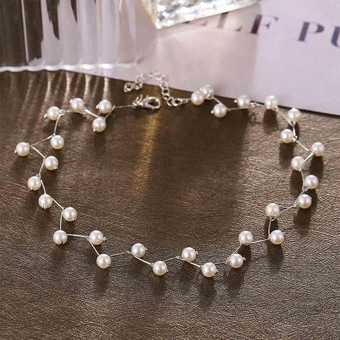 Boho Pearl Choker Necklace Silver Pearl