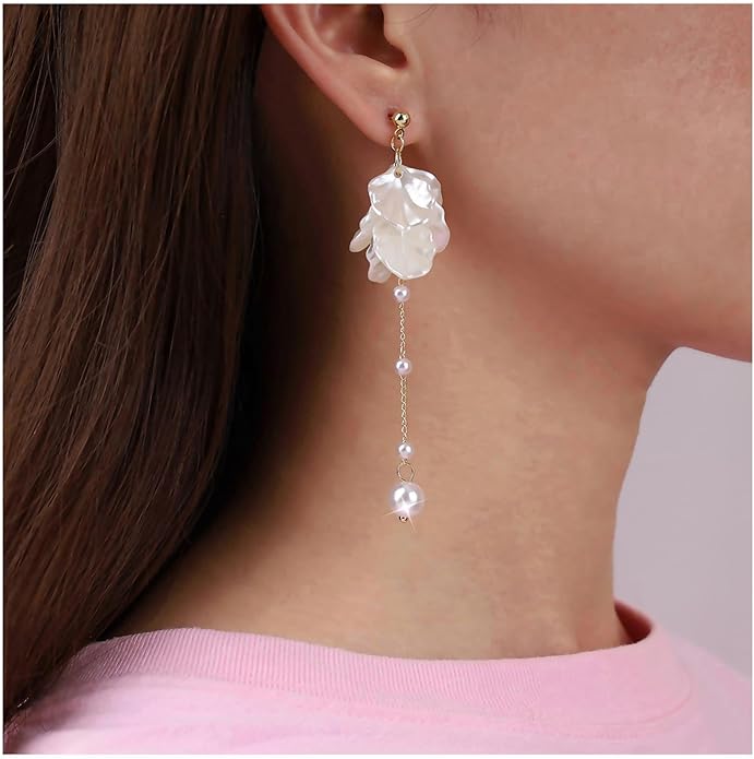 Vintage Pearl Flower Drop Earrings Long