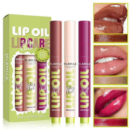 3 Colors Fat Lip Oil Slick Click Press Lipstick, Moisturizing Lip Balm Korean Shining Mirror Lip Gloss Nourishing Solid Lip Glaze, Plump Your Lips, High Pigmented Vegan Lip Oil Non-Sticky (B#)