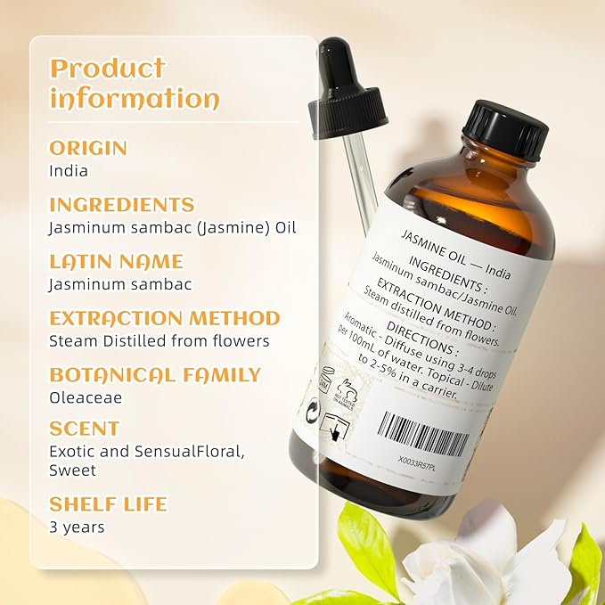 EVOKE OCCU Jasmine Essential Oil for Cleaning, Air Freshening, Relaxing, Add to Spray and Diffuser - 4 Fl Oz