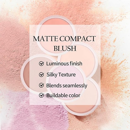 Boobeen Blush Compact for Face, Matte Baked Cream with Puff
