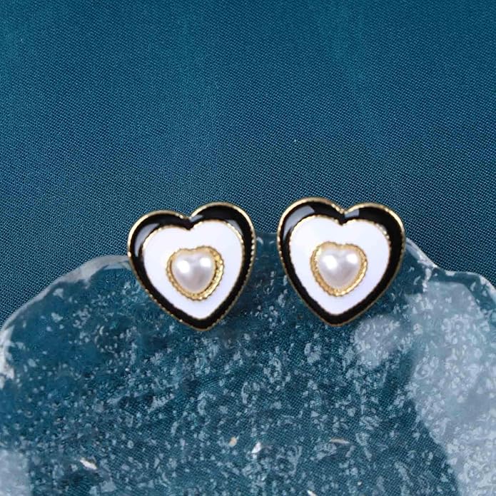 Vintage Pearl Heart Stud Earrings Enamel Heart Earrings