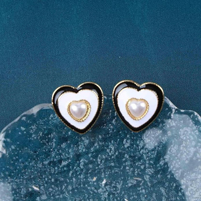 Vintage Pearl Heart Stud Earrings Enamel Heart Earrings