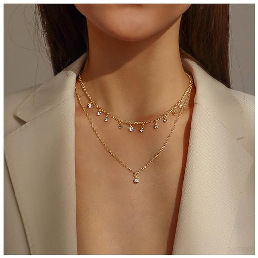 Boho Layered Gold Choker Necklace Crystal