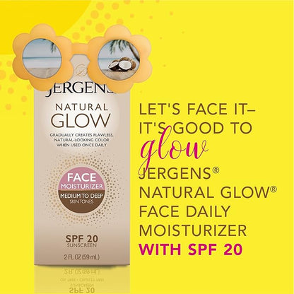 Jergens Natural Glow Self Tanner Face Moisturizer, SPF 20 Facial Sunscreen, Medium to Deep Skin Tone, Sunless Tanning, Oil Free, Broad Spectrum Protection UVA and UVB, 2 oz (Packaging May Vary)