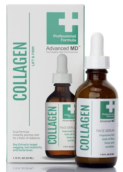 Collagen Face Serum Moisturizer For Wrinkles & Fine Lines Professional Formula To Lift & Firm By Targeting Lost Skin Elasticity. Soy Extract, Antioxidants, Peptides, 1.75 Fl Oz
