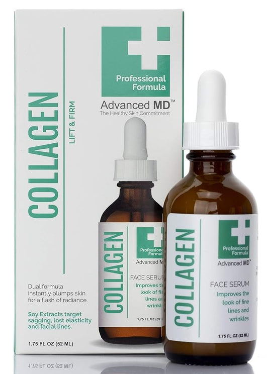 Collagen Face Serum Moisturizer For Wrinkles & Fine Lines Professional Formula To Lift & Firm By Targeting Lost Skin Elasticity. Soy Extract, Antioxidants, Peptides, 1.75 Fl Oz