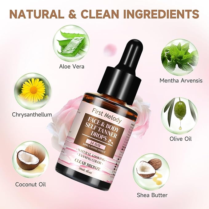 Face Tanning Drops to Add to Lotion,14 Day Long Lasting Effect Face Self Tanner Bronzing Drops, Natural Organic Ingredients, Quick Tan Drops, Self Tanning Drops for Face and Body