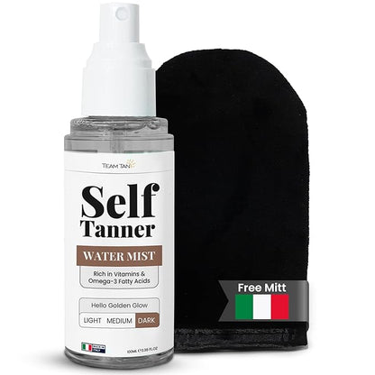 Team Tan Self Tanning Water - Vitamin Infused Self Tanner Mist for Hydrating Face and Body, Sunless Tanning Spray for Fake Tan, No Streaks, Orange Tints or Nasty Smell (Dark)